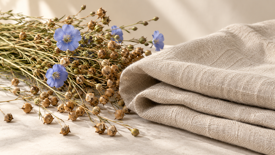 Vlasbloemen naast geweven linnen stof