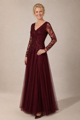 Beaded vneck mesh gown dress