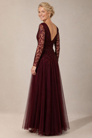 Beaded vneck mesh gown dress