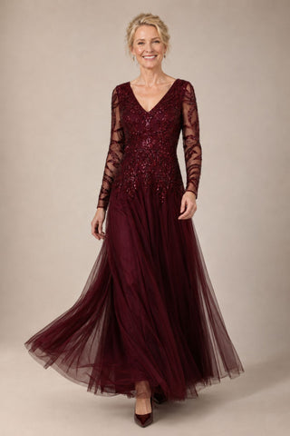 Beaded vneck mesh gown dress