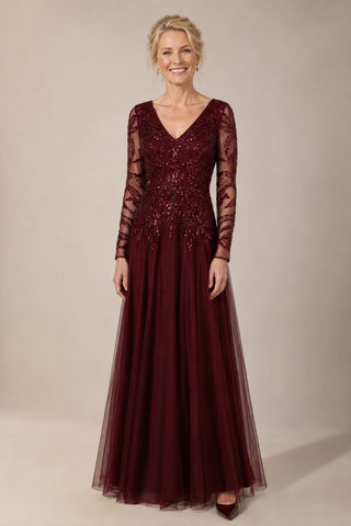 Beaded vneck mesh gown dress