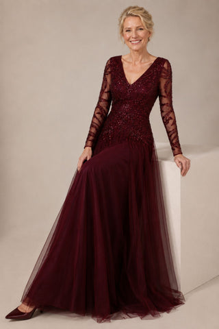 Beaded vneck mesh gown dress