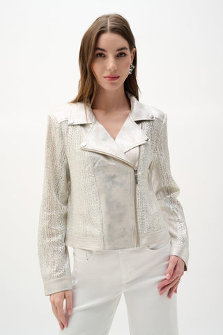 Faux Suede Foiled Knit Moto Jacket - Dresses Boutique B.V.