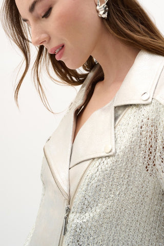 Faux Suede Foiled Knit Moto Jacket - Dresses Boutique B.V.