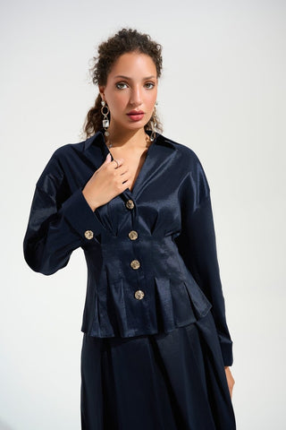 Stretch taffeta flare blouse Midnight blue - Dresses Boutique B.V.