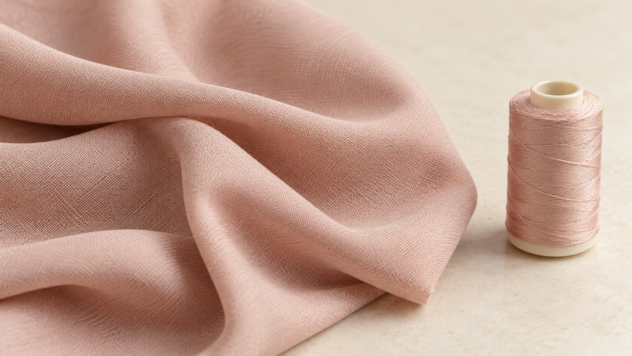 Roze polyester stof met een garenklosje