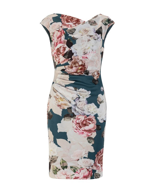 SWING - Cocktail jurk gedrapeerd met bloemenprint - Jurken - 34 / Petrol - Dresses Boutique jurkenwinkel Sittard