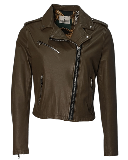 Dresses Boutique - Green leather biker jacket - Jassen en jacks - M / Olive - Dresses Boutique jurkenwinkel Sittard