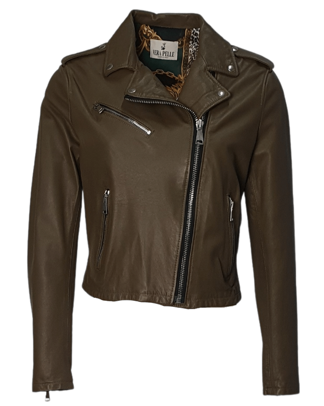 Dresses Boutique - Green leather biker jacket - Jassen en jacks - M / Olive - Dresses Boutique jurkenwinkel Sittard