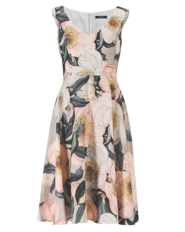 SWING - Linnen bloemenprint jurk -  - 42 / Blush - Dresses Boutique jurkenwinkel Sittard